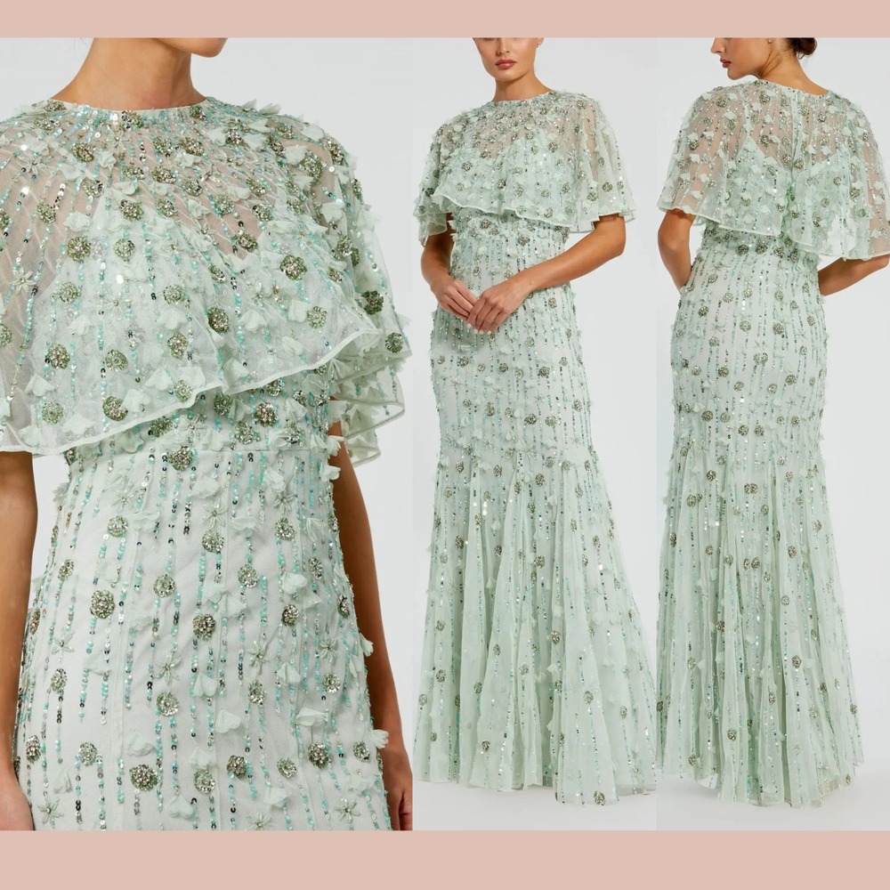 NWT Mac Duggal [ 12 ] 93653‎ Embellished Illusion Cape Sleeve Trumpet Gown J2158